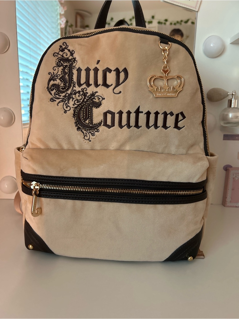 Juicy Couture Renaissance Buff Beige Velour Backpack NWT